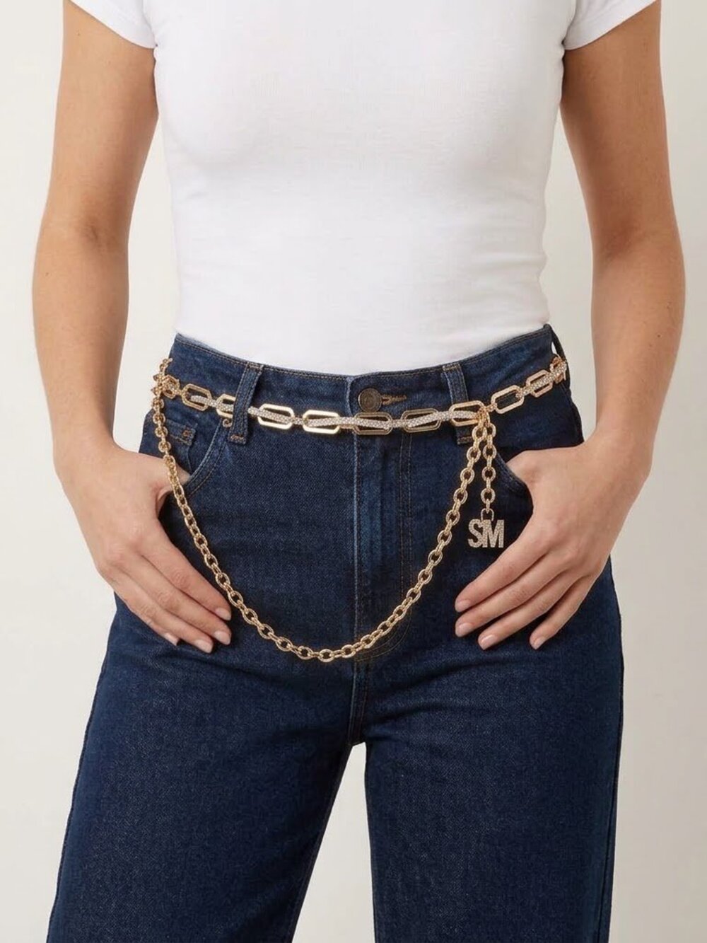 Steve Madden Gold Tone Chain Belt with rhinestone details
